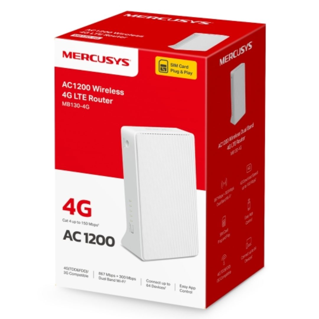 Mercusys MB130-4G AC1200 Wireless Dual Band 4G LTE Router, up to 150 Mbps, Dual Band 1200 Mbps WiFi Mercusys MB130-4G AC1200 Wireless Dual Band 4G LTE Router, up to 150 Mbps, Dual Band 1200 Mbps WiFi